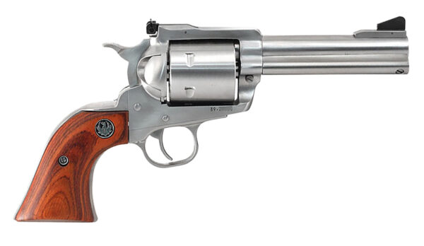 Ruger 0814 Super Blackhawk  Large Frame 44 Rem Mag/44 Special 6rd 4.63″ Satin Stainless Steel Barrel, Cylinder & Frame, Hardwood Grip, Transfer Bar Safety, Exposed Hammer