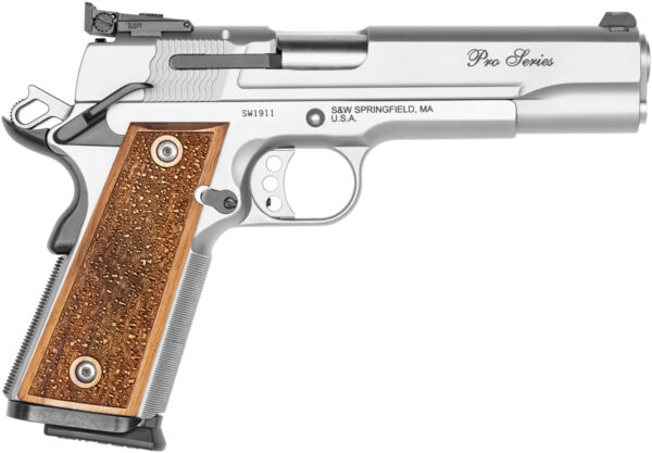 Smith & Wesson 178047 1911 Performance Center Pro  Full Size Frame 9mm Luger 10+1 5″ Stainless Steel Barrel, Matte Silver Serrated Stainless Steel Slide & Frame w/Beavertail, Wood Grip