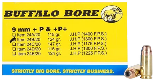 Buffalo Bore 24B20 9mm Luger +P+ 124 gr JHP 20rd Box