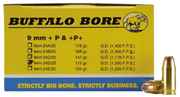 86239 Buffalo Bore Ammunition 24D20 Personal Defense Strictly Business 9mmLuger +P 115gr Jacket Hollow Point 20 Per Box/12 Case