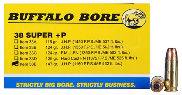 86244 Buffalo Bore 38 Super +P 147 gr JHP — 20 rd Box