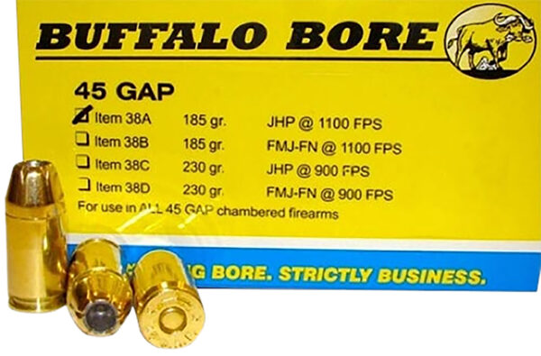 86248 Buffalo Bore 45 GAP 185gr JHP – 20/Box, 12 Boxes/Case