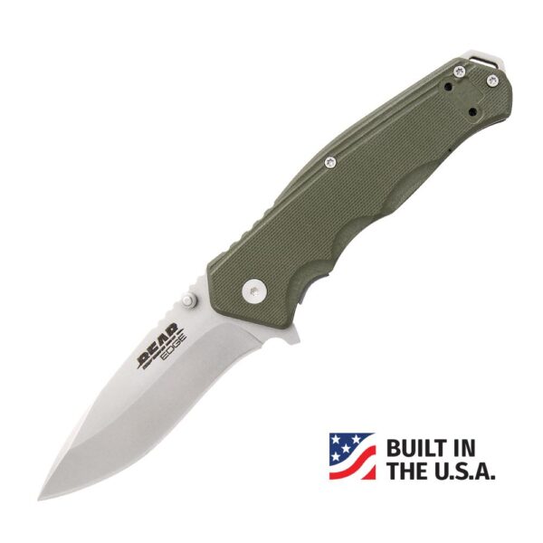 Bear & Son G10 Sideliner Folding Knife 3-3/8″ Drop Point Blade OD Green with Trigger Boxed