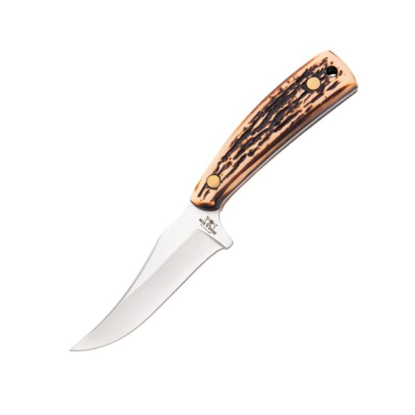 Bear & Son Upswept Skinner Fixed Knife 3-1/8″ Clip Point Blade Stag Delrin with Leather Sheath