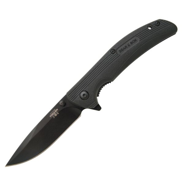 Bear & Son Sideliner Folding Knife 3-3/4″ Drop Point Blade Black Zytel with Flipper