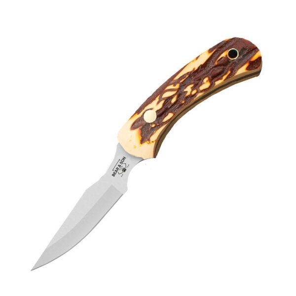 Bear & Son Ergonomic Caper Fixed Knife 2-1/2″ Clip Point Blade Stag Delrin with Leather Sheath