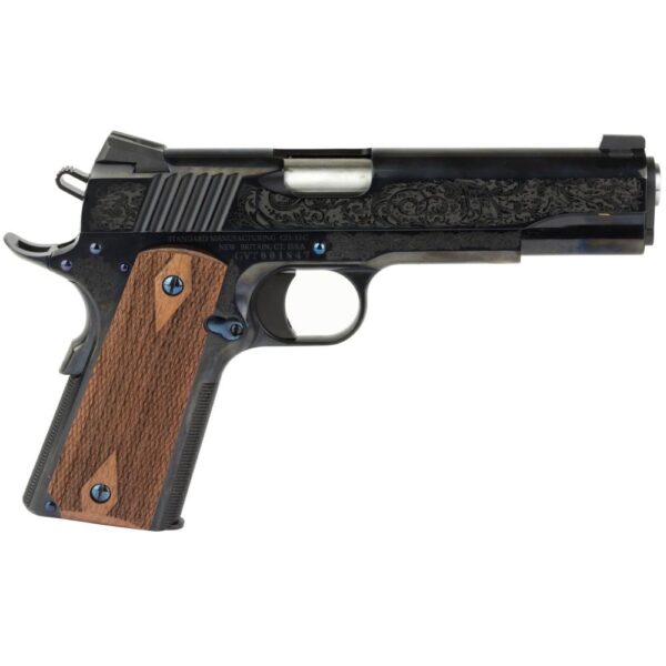 Standard Mfg 1911 Handgun .45 ACP 7rd Magazine 5″ Barrel Black and Royal Blue Engraving with Brown Grips