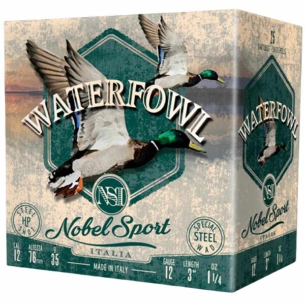 https3A2F2Fmedia.chattanoogashooting.com2Fimages2Fproduct2FEPANS123ST42FEPANS123ST4-1_1 Nobel Sport Steel Waterfowl Shotshells 12 ga 3″ 1-1/4 oz 1450 fps #4 25/ct