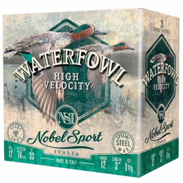https3A2F2Fmedia.chattanoogashooting.com2Fimages2Fproduct2FEPANS123STVEL22FEPANS123STVEL2-1 Nobel Sport Steel Waterfowl High Velocity Shotshells 12ga 3″ 1-1/8oz 1500 fps #2 25/ct