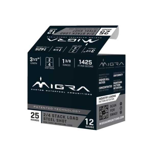 https3A2F2Fmedia.chattanoogashooting.com2Fimages2Fproduct2FERM12LSS242FERM12LSS24125201 Migra Steel Waterfowl Stacked Shotshells 12ga 3.5″ 1-3/8oz 1425 fps #2 & #4 25/ct
