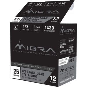 Migra Waterfowl Steel Shot Shotshells 12 ga 3″ 1-1/4 oz 1430 fps #1/#3 25/ct