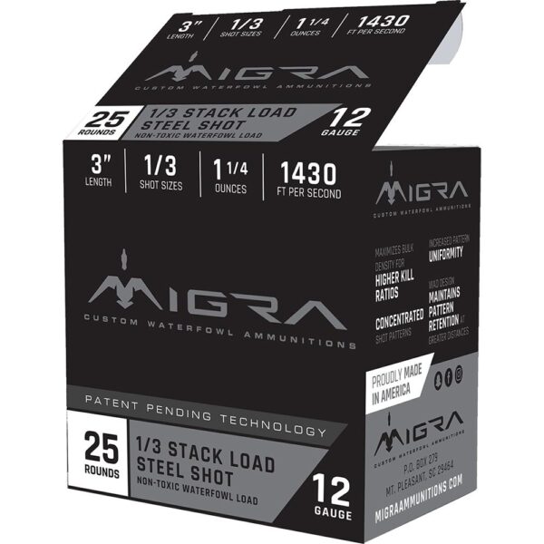 https3A2F2Fmedia.chattanoogashooting.com2Fimages2Fproduct2FERM12S132FERM12S13-1 Migra Waterfowl Steel Shot Shotshells 12 ga 3″ 1-1/4 oz 1430 fps #1/#3 25/ct