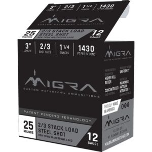Migra Waterfowl Steel Shot Shot Shells 12 ga 3″ 1-1/4 oz #2#3 1430 fps 25/ct
