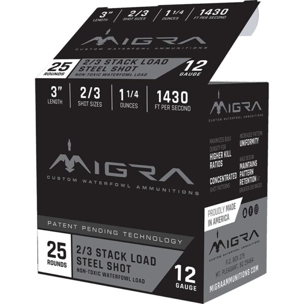 https3A2F2Fmedia.chattanoogashooting.com2Fimages2Fproduct2FERM12S232FERM12S23-1 Migra Waterfowl Steel Shot Shot Shells 12 ga 3″ 1-1/4 oz #2#3 1430 fps 25/ct