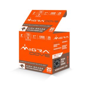 Migra Ultimate Dove Hi-Brass Lead Shotshells 20ga 3″ 1-1/4oz  #7.5 & 9 Shot 25/ct