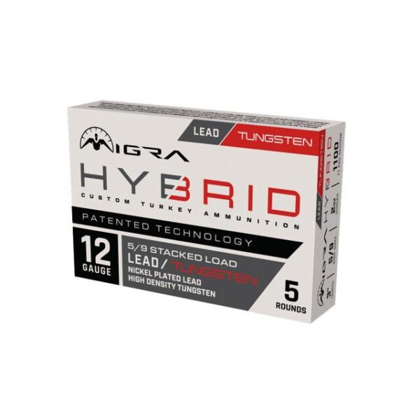 https3A2F2Fmedia.chattanoogashooting.com2Fimages2Fproduct2FERT12HYB592FERT12HYB5935 Migra Hybrid Turkey HD Tungsten/Nickel Plated Lead Stack Shotshells 12ga 3″ 2oz 1100 fps #5 & #9 5/ct