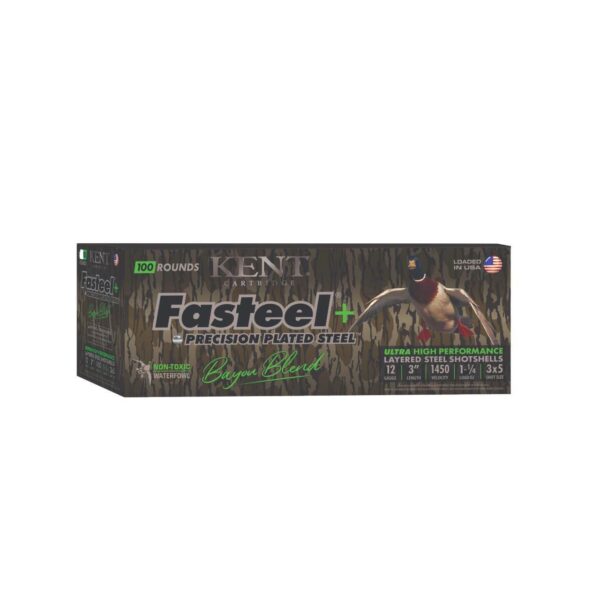https3A2F2Fmedia.chattanoogashooting.com2Fimages2Fproduct2FKICC123FSP363X52FKICC123FSP363X51 Kent Fasteel+ Precision Plated Steel Bayou Blend Shotshells 12ga 3″ 1-1/4oz 1450 fps #3 & #5 100/ct