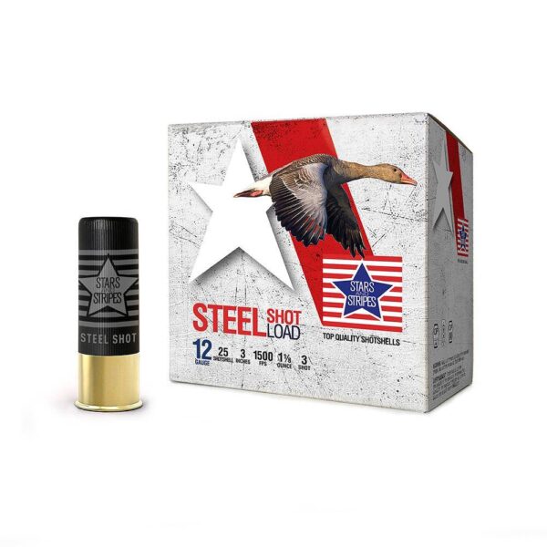 https3A2F2Fmedia.chattanoogashooting.com2Fimages2Fproduct2FOQCS332032FOQCS33203 PPU Stars & Stripes Steel Shotshell 12ga 3” 1-1/8 oz 1500 fps #3 25/ct