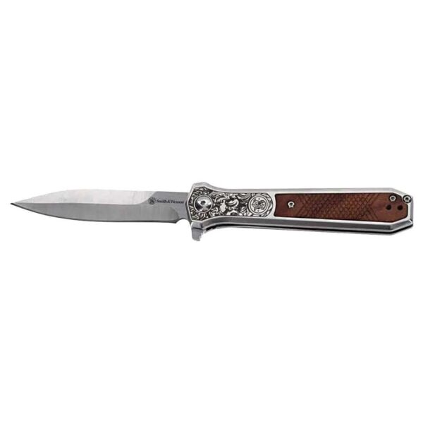 Smith & Wesson KT Unwavered Spring Assist Folding Knife 3-1/5″ Dagger Blade Silver with Brown Box