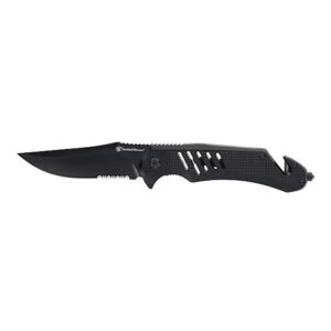 Smith & Wesson Extreme Ops Folding Knife 3-1/2″ Clip Point Blade Black with Glass Breaker and Strap Cutter