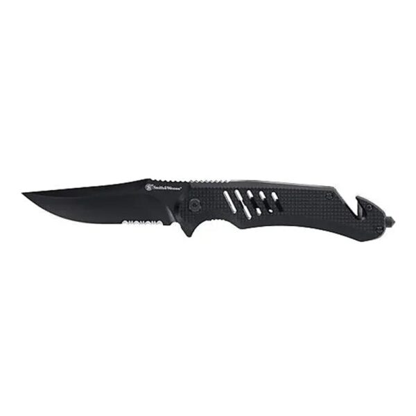 Smith & Wesson Extreme Ops Folding Knife 3-1/2″ Clip Point Blade Black with Glass Breaker and Strap Cutter