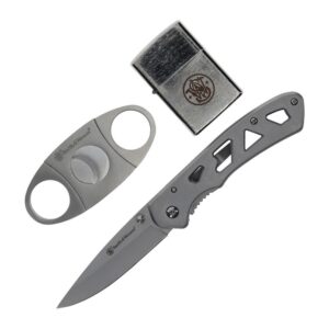 Smith & Wesson Folding Knife Cigar Cutter and Lighter Combo 3″ Drop Point Blade Silver