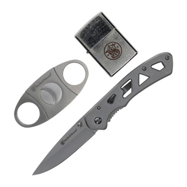 https3A2F2Fmedia.chattanoogashooting.com2Fimages2Fproduct2FPF12270742FPF1227074-1 Smith & Wesson Folding Knife Cigar Cutter and Lighter Combo 3″ Drop Point Blade Silver