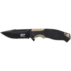 Smith & Wesson M&P Drop Point Folding Knife Liner Lock 3 1/2″ Blade Black and Tan