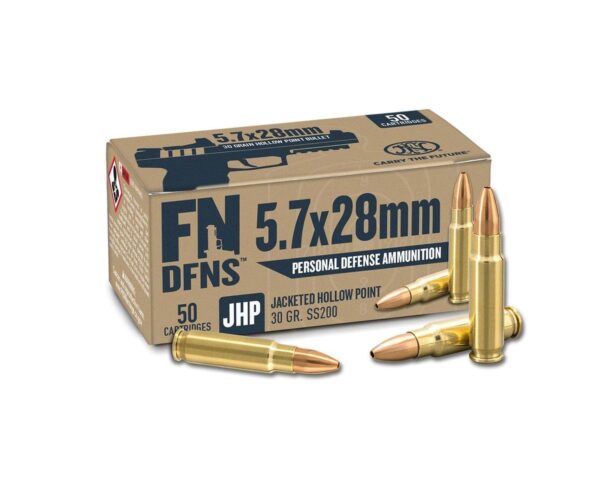 https3A2F2Fmedia.chattanoogashooting.com2Fimages2Fproduct2FRJ107000292FRJ10700029 FN DFNS SS200 Personal Defense Handgun Ammunition 5.7x28mm 30gr JHP 1894 fps 500/ct Case