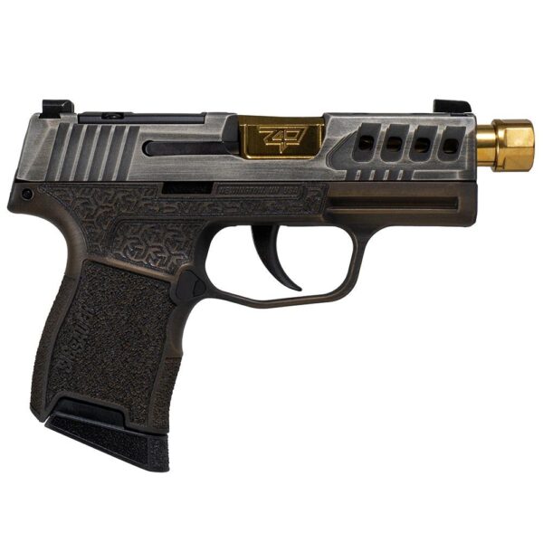 https3A2F2Fmedia.chattanoogashooting.com2Fimages2Fproduct2FXI681228GB365GB2FXI681228GB365GB1 Sig Sauer P365 “Gold Bug” Handgun 9mm luger 10rd Magazines(2) 3.7″ Threaded Gold Barrel Tactical Cut Distressed Grey Slide/Brown Grip Octagon Stippling