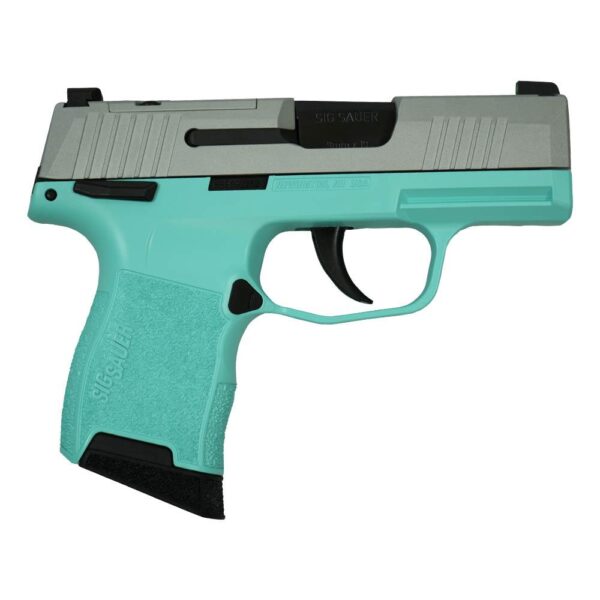 Sig-Sauer-"Silver-Slide/Tiffany-Frame"P365-Optic-Ready-Handgun-9mm-Luger-10rd-Magazines(2)-3.1"-Barrel-X-RAY-3-Sights-Manuel-Safety Sig Sauer “Silver Slide/Robin’s Egg Blue Frame” P365 Optic Ready Handgun 9mm Luger 10rd Magazines(2) 3.1″ Barrel X-RAY 3 Sights Manual Safety