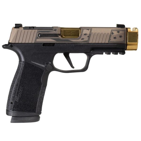 Sig Sauer P365 XMACRO TACOPS “Trump 47th” Slide Handgun 9mm Luger 17rd Magazines(4) 3.7″ Gold Barrel/Compensator